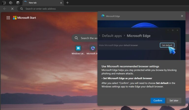 Microsoft Edge nags users with a 3D banner to change Windows 11's default browser