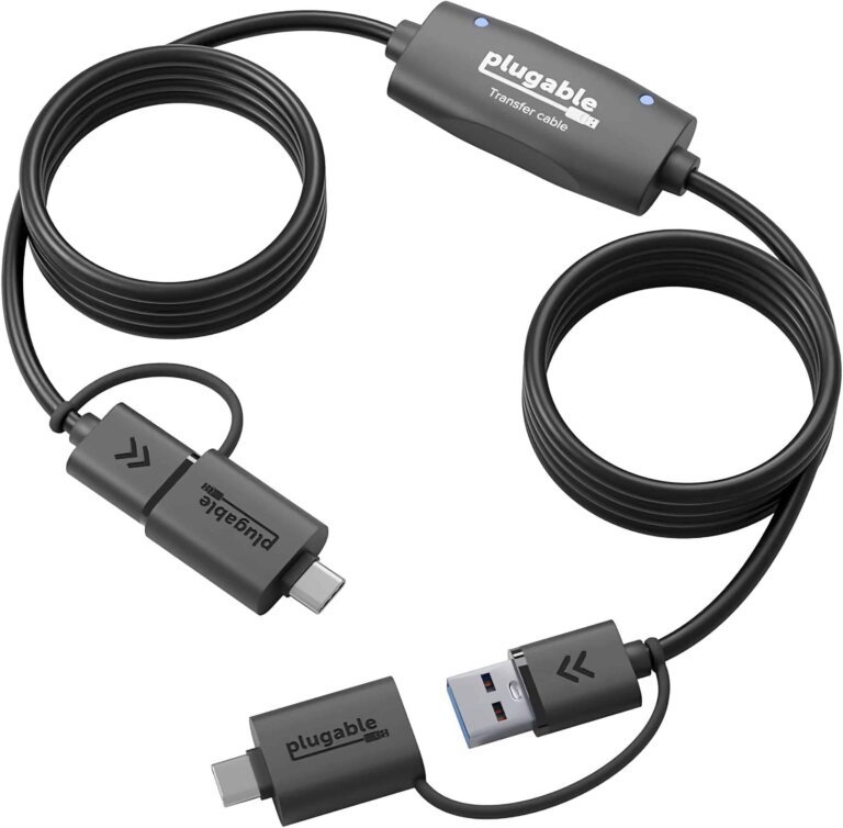 Plugable USBC-TRAN USB 3.0 Transfer Cable with USB-C Adapter is compatible with Windows XP through Windows 11