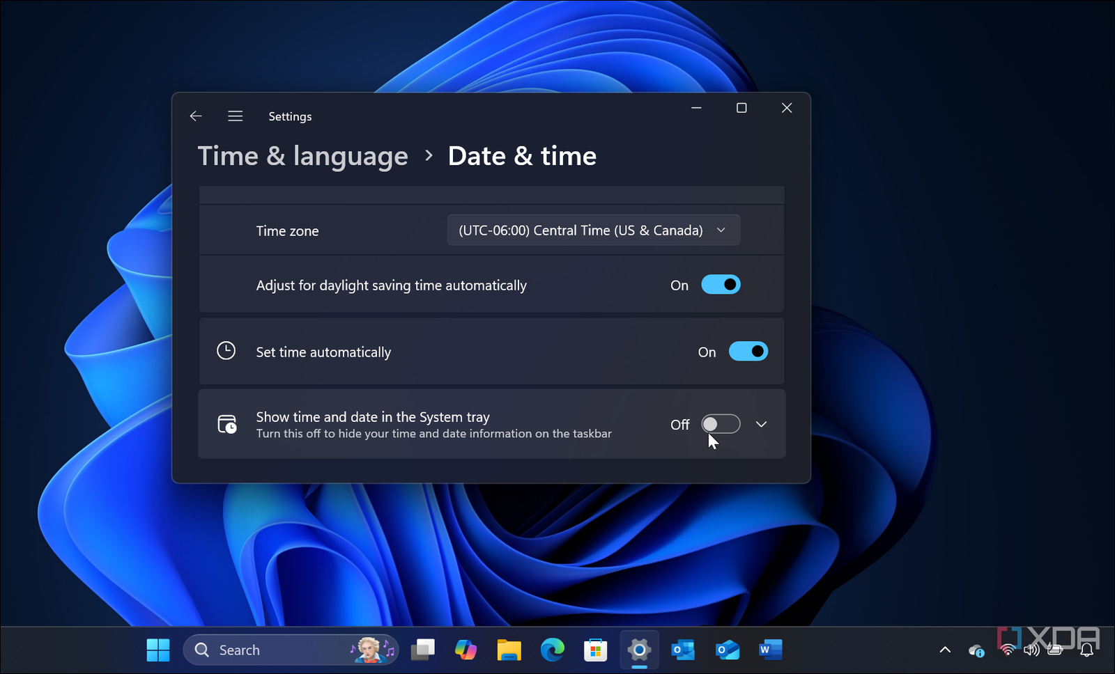 Clear system tray space on your taskbar by hiding the clock in Windows 11