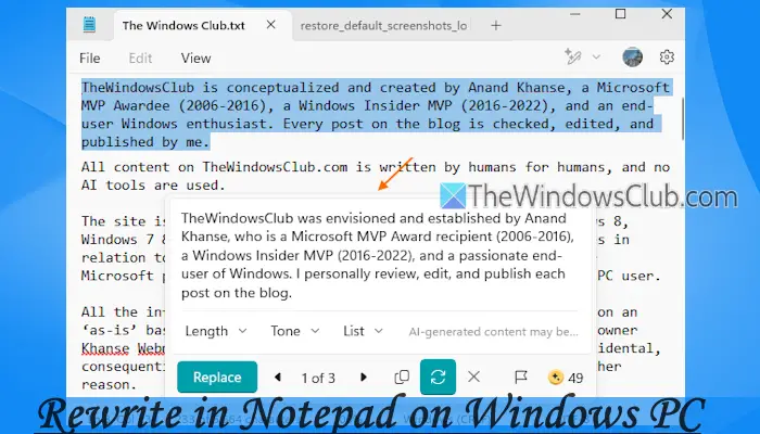 How to enable and use Rewrite AI in Notepad on Windows 11