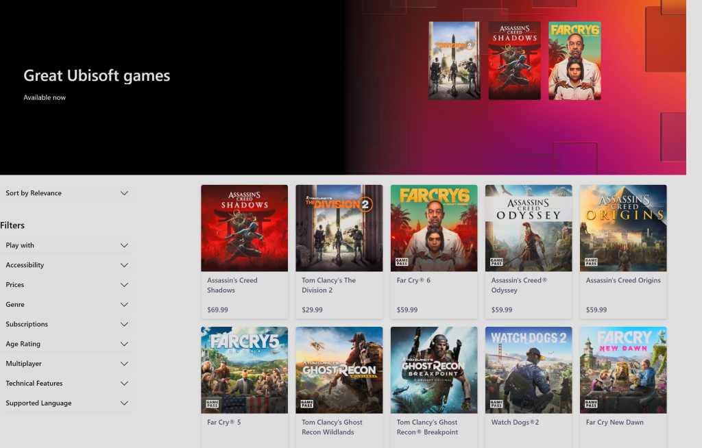 16 Ubisoft Games can be purchased on the Xbox PC Store