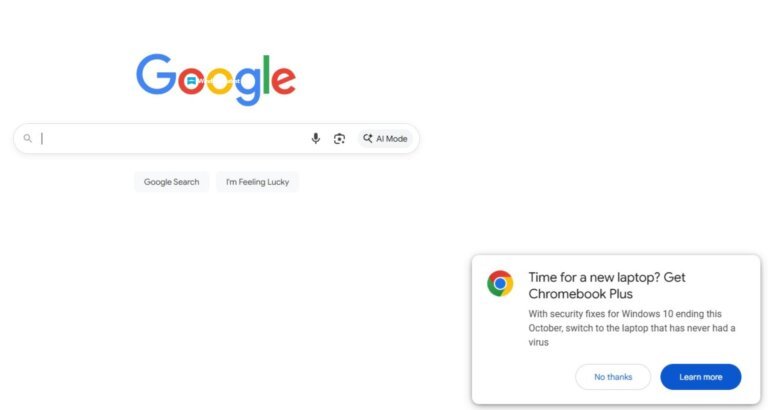 Google pop-up calls Windows 10 risky, says get a Chromebook ahead of Win10 EOL