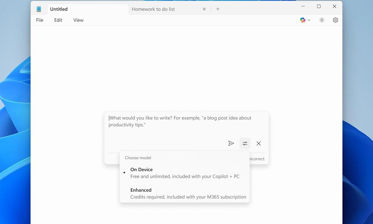 Notepad's AI writing features will soon run locally on Copilot+ PCs
