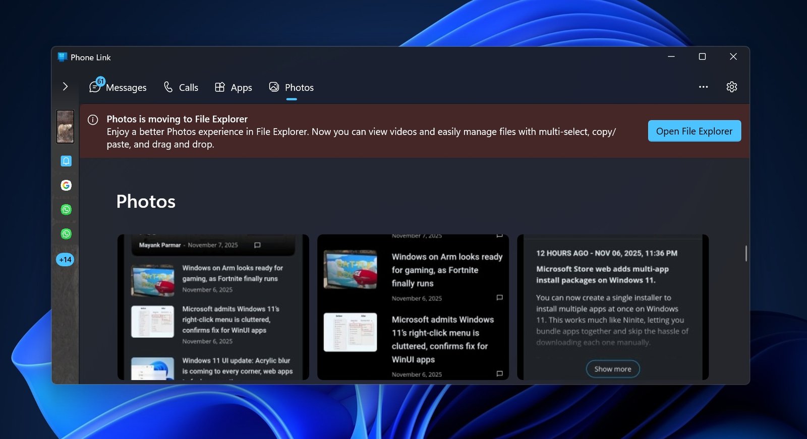 Windows 11 Phone Link app is losing Photos feature, Android gallery moving to File Explorer