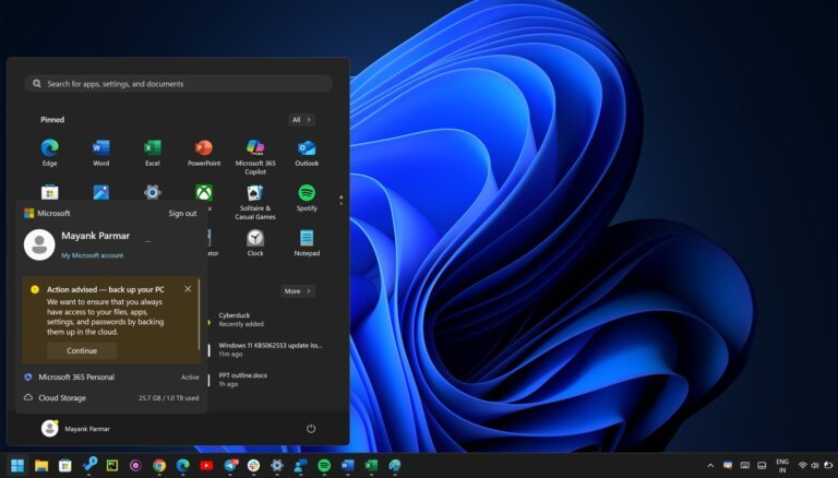 Windows 11 Start menu nags you to use OneDrive for backup to ensure you always have access to files, apps