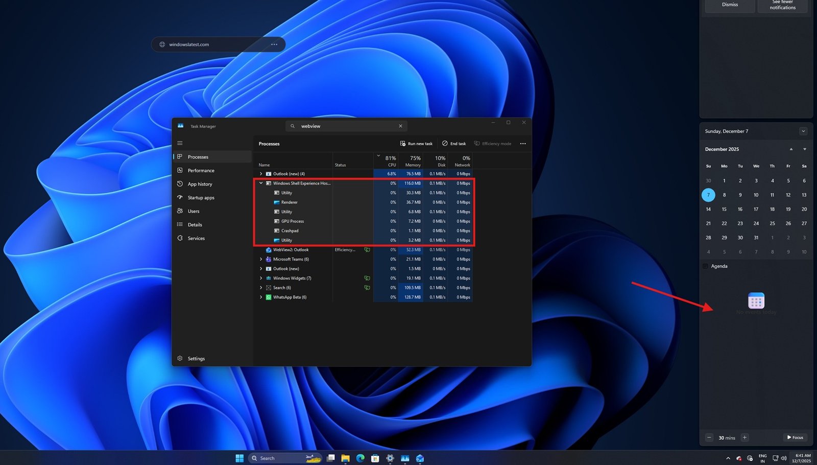Windows 11's "Agenda" view in the Notification Center is a WebView2 (web app component), not native