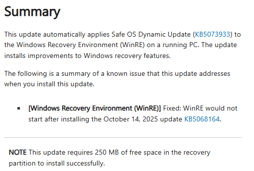 Windows 10: WinRE Update KB5075039 fixes issue from Oct. 2025