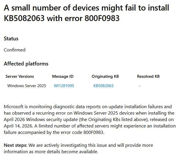Windows Server 2025 Update KB5082063: Error 0x80073712 due to Media Player; and Error 0x800F0983