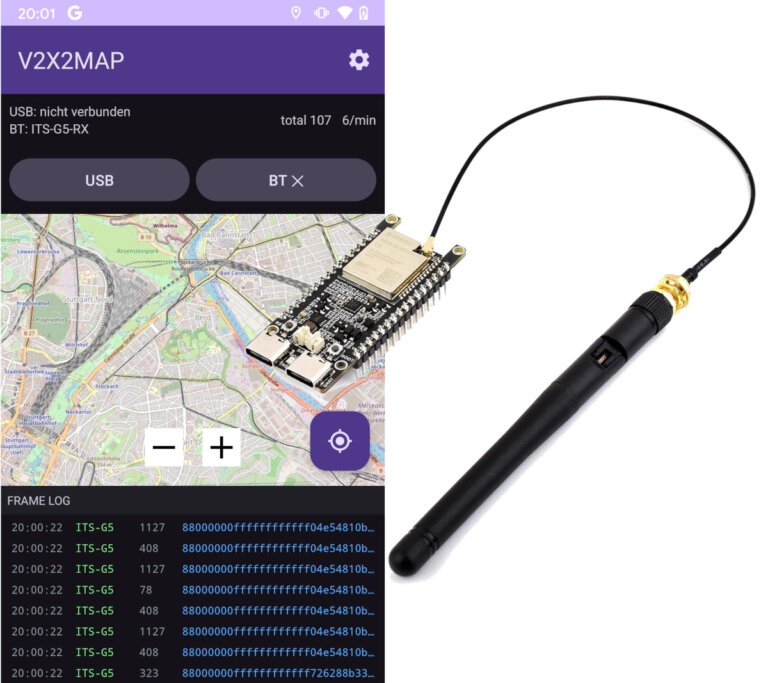Monitor live traffic from V2X signals with V2X2MAP open-source Android app and an ESP32-C5 development board