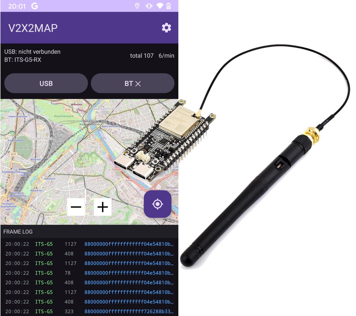 Monitor live traffic from V2X signals with V2X2MAP open-source Android app and an ESP32-C5 development board