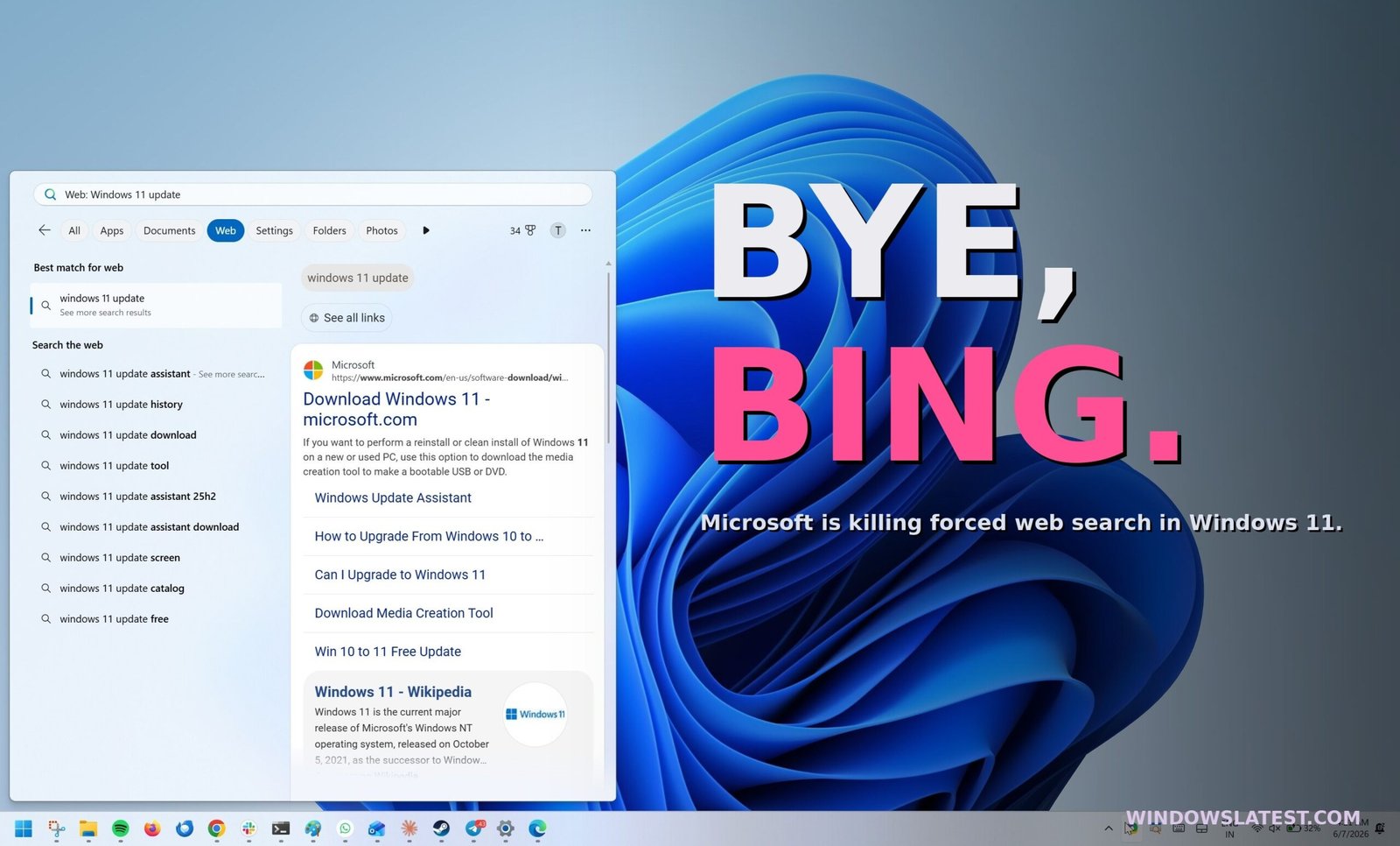 Microsoft is letting you kill Bing in Windows 11 Search, after years of forcing it on every PC