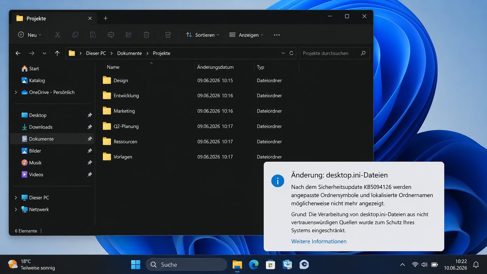 Windows 11 KB5094126: Microsoft's desktop.ini hardening causes some folder icons to disappear