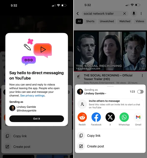 YouTube expands in-app messaging
