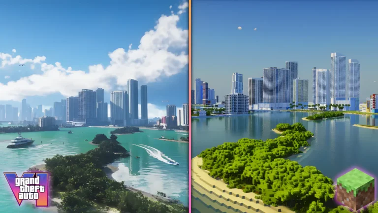 A player is building a replica of Vice City from Grand Theft Auto 6 in the Minecraft sandbox.
