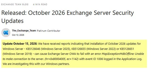 Windows/Exchange Server October 2026 issue: Analysis and Workarounds